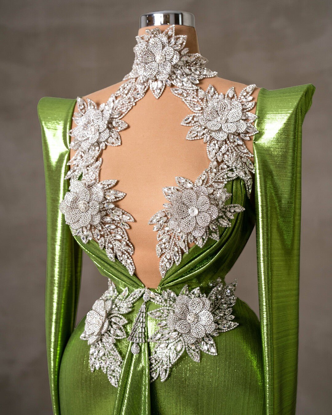 Light Green Dress Bodice with Silver Stones and Crystals