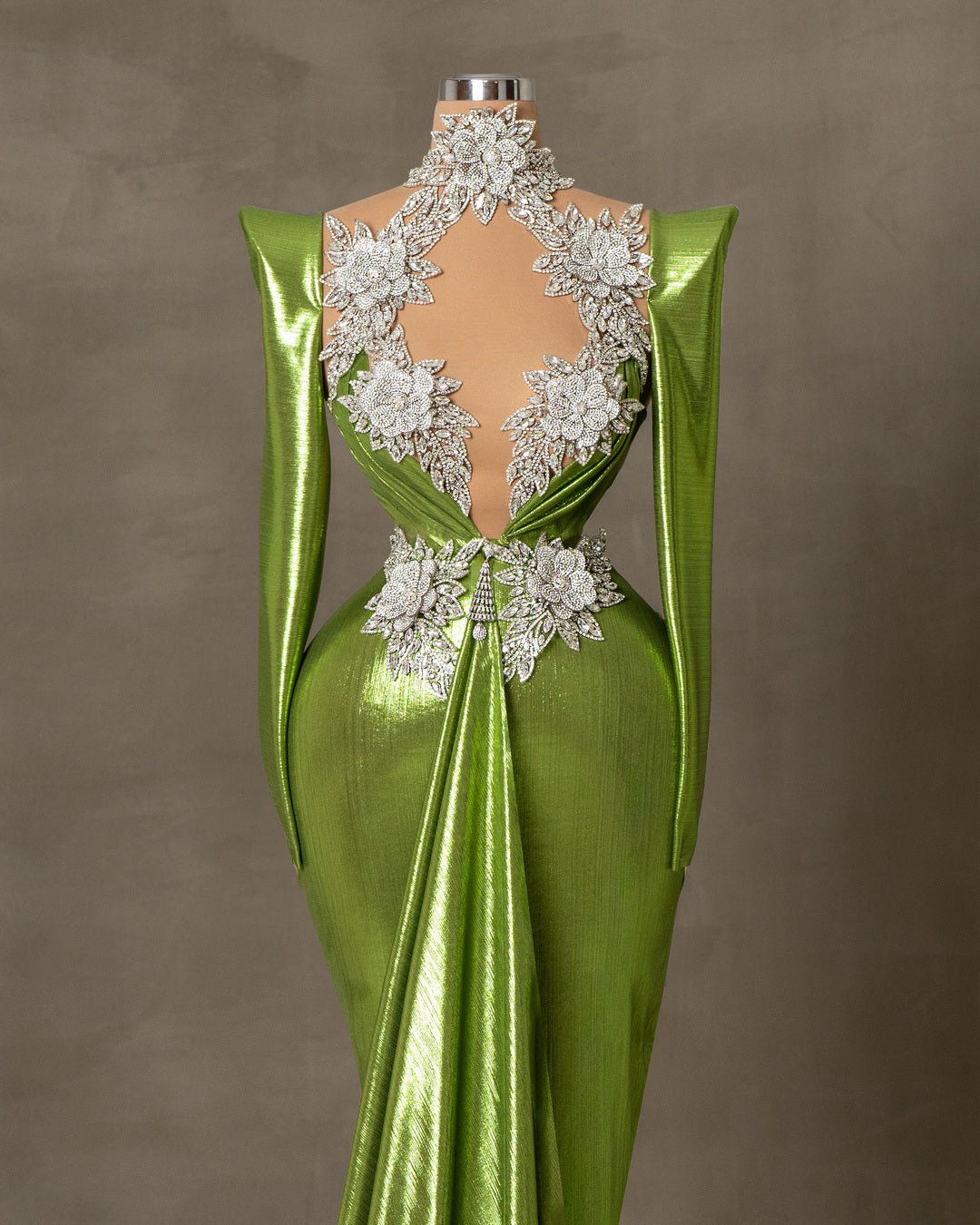 Light Green Dress Couture Dress with Silver Details Blini Fashion House