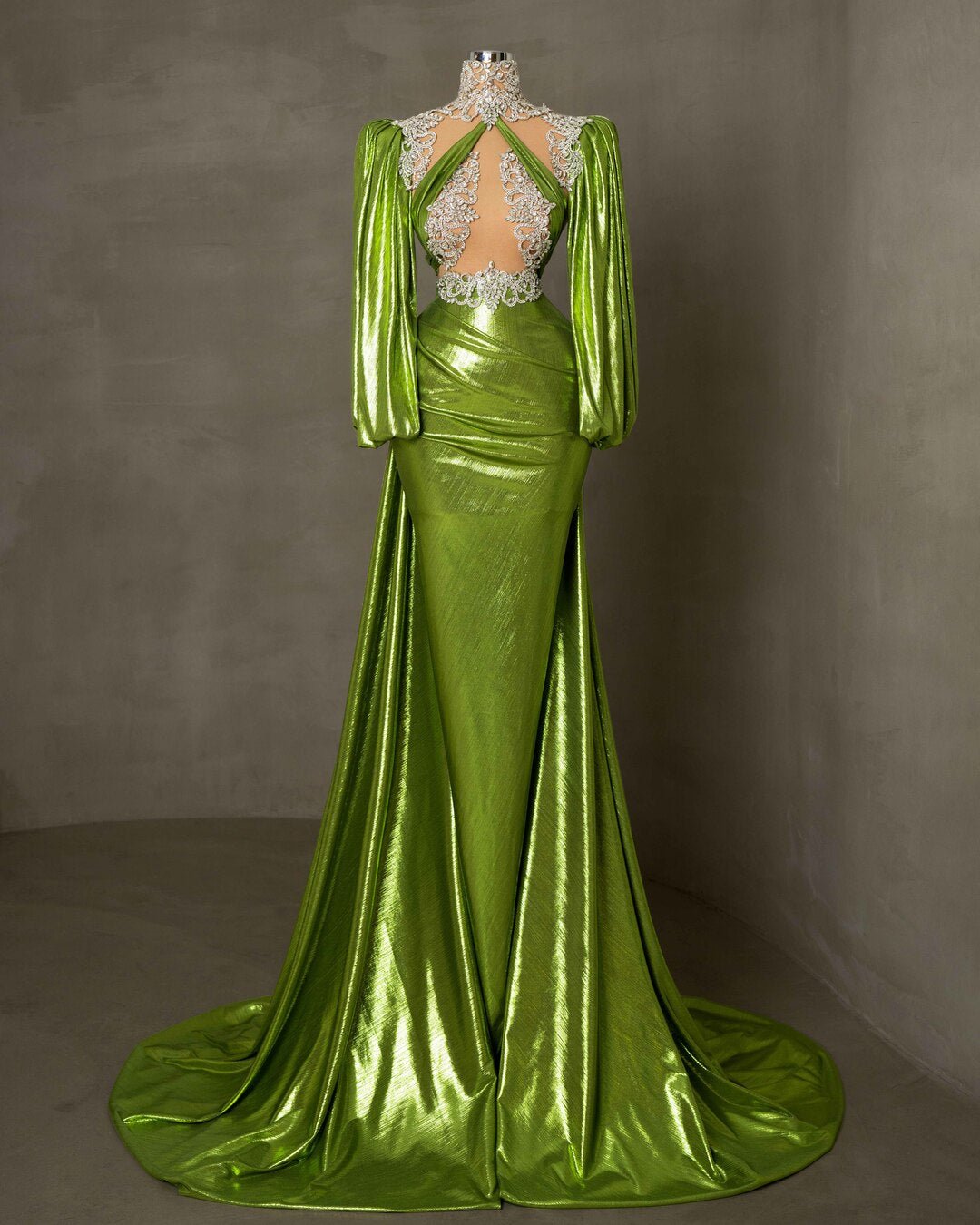 Long Sleeve Light Green Dress with Shimmering Fabric