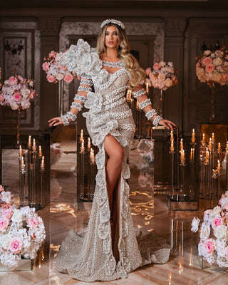 Elegant Bridal Gown with Floral Shoulder Design