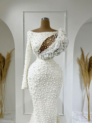 Chelsea Pearl-Detailed One-Shoulder Bridal Dress - Blini Fashion House
