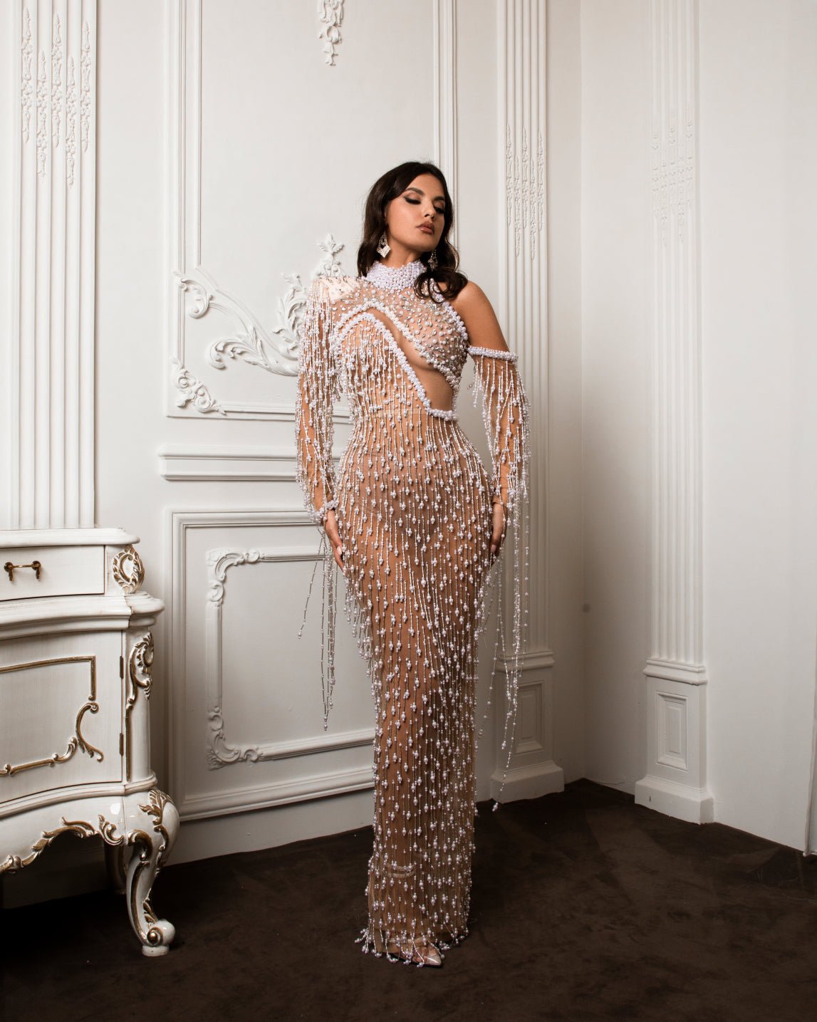 Cherished High Neck Dress with Pearl Embellishments - Blini Fashion House