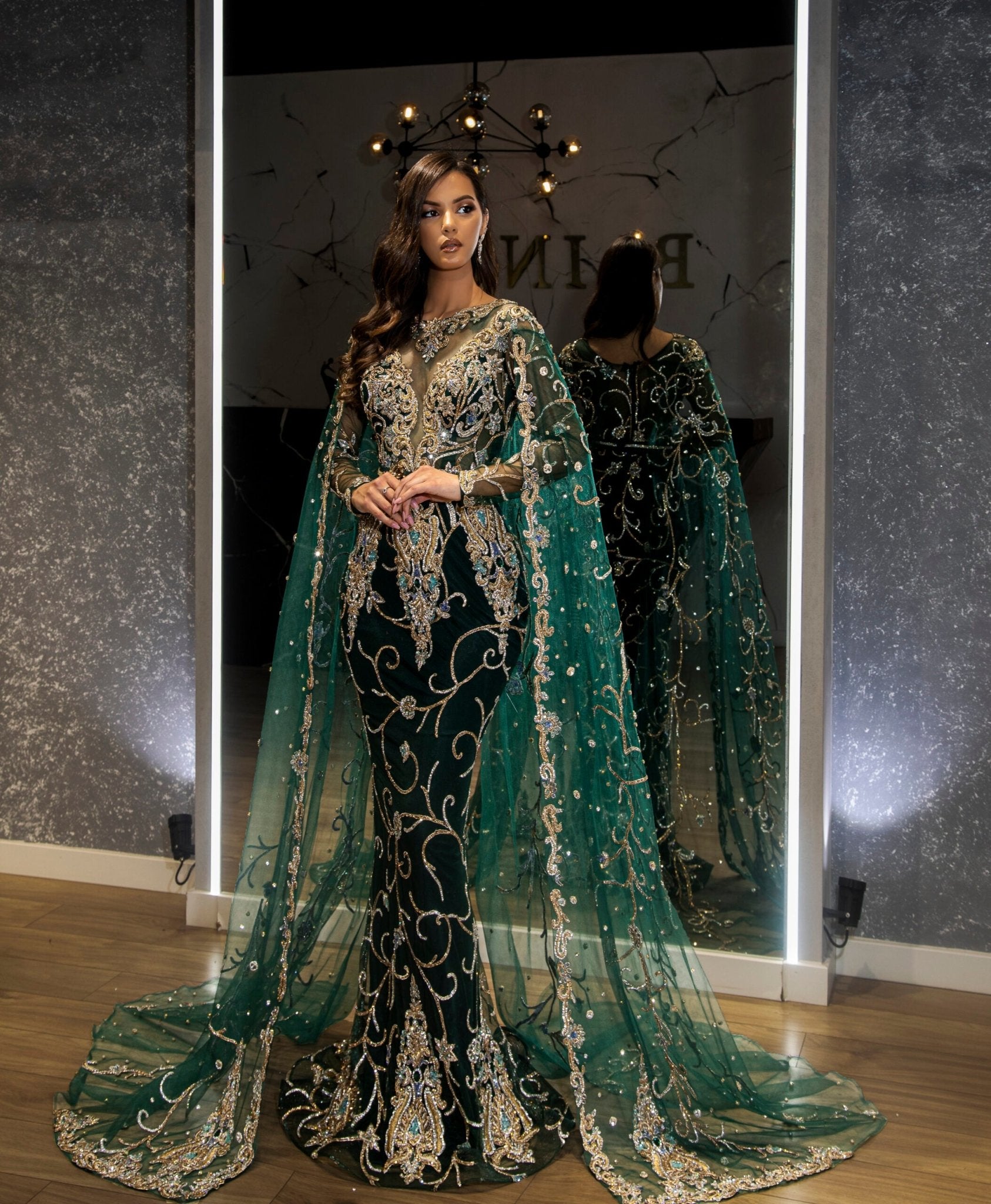 Chive Stone-Embellished Dress with Side Cape - Blini Fashion House