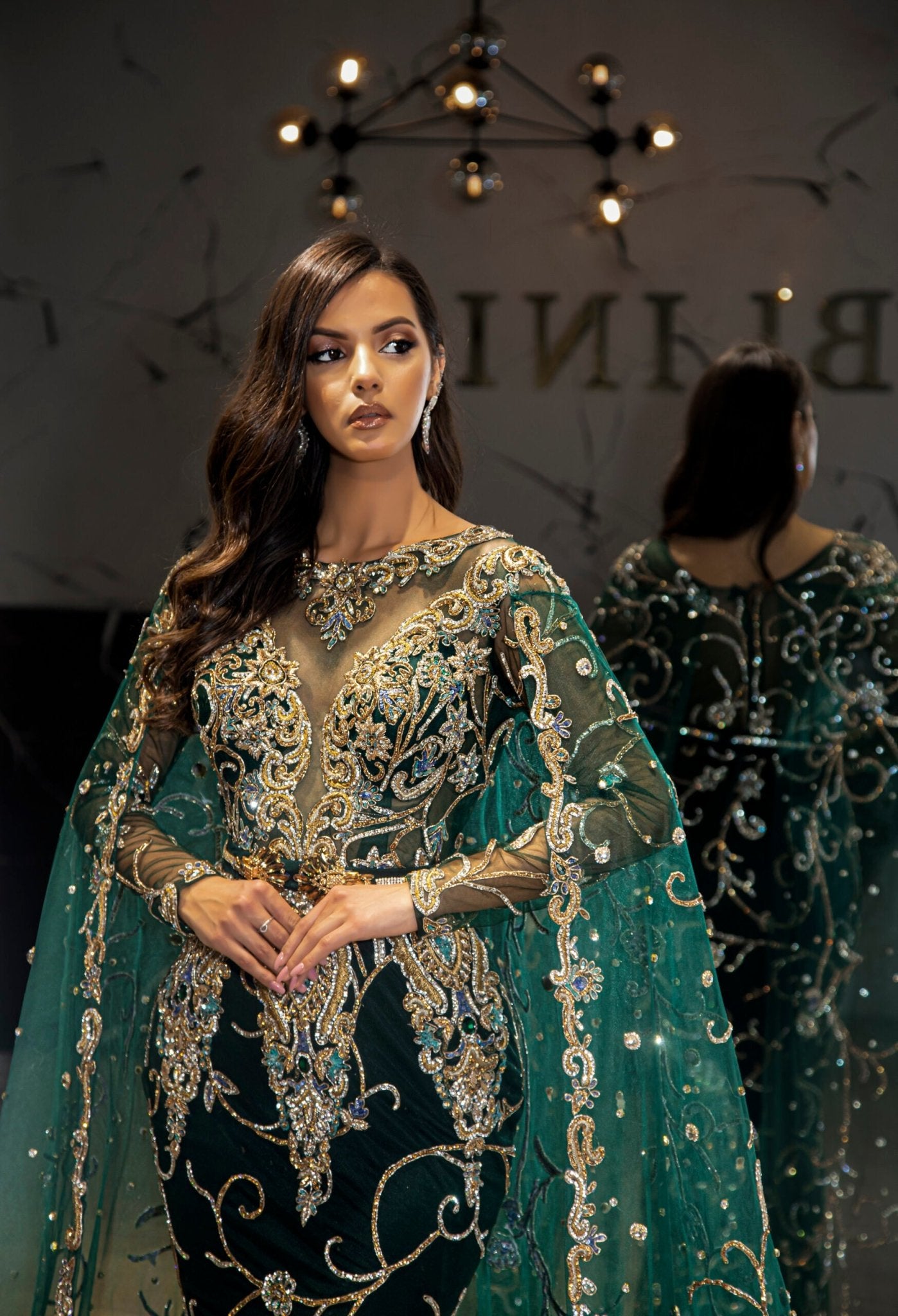 Chive Stone-Embellished Dress with Side Cape - Blini Fashion House