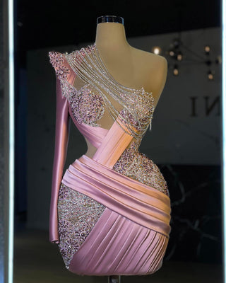 Ciara Chain and Stone-Detailed One-Shoulder Dress - Blini Fashion House