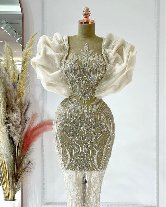 Clarisse Puff Sleeve Dress with Glittering Silver - Blini Fashion House