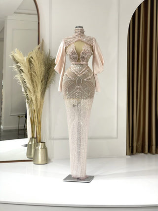 Ḗclat Elegant Crystal Embellished Long Sleeve Dress - Blini Fashion House