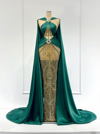 Claudette Asymmetrical Neckline Dress with Majestic Cape - Blini Fashion House