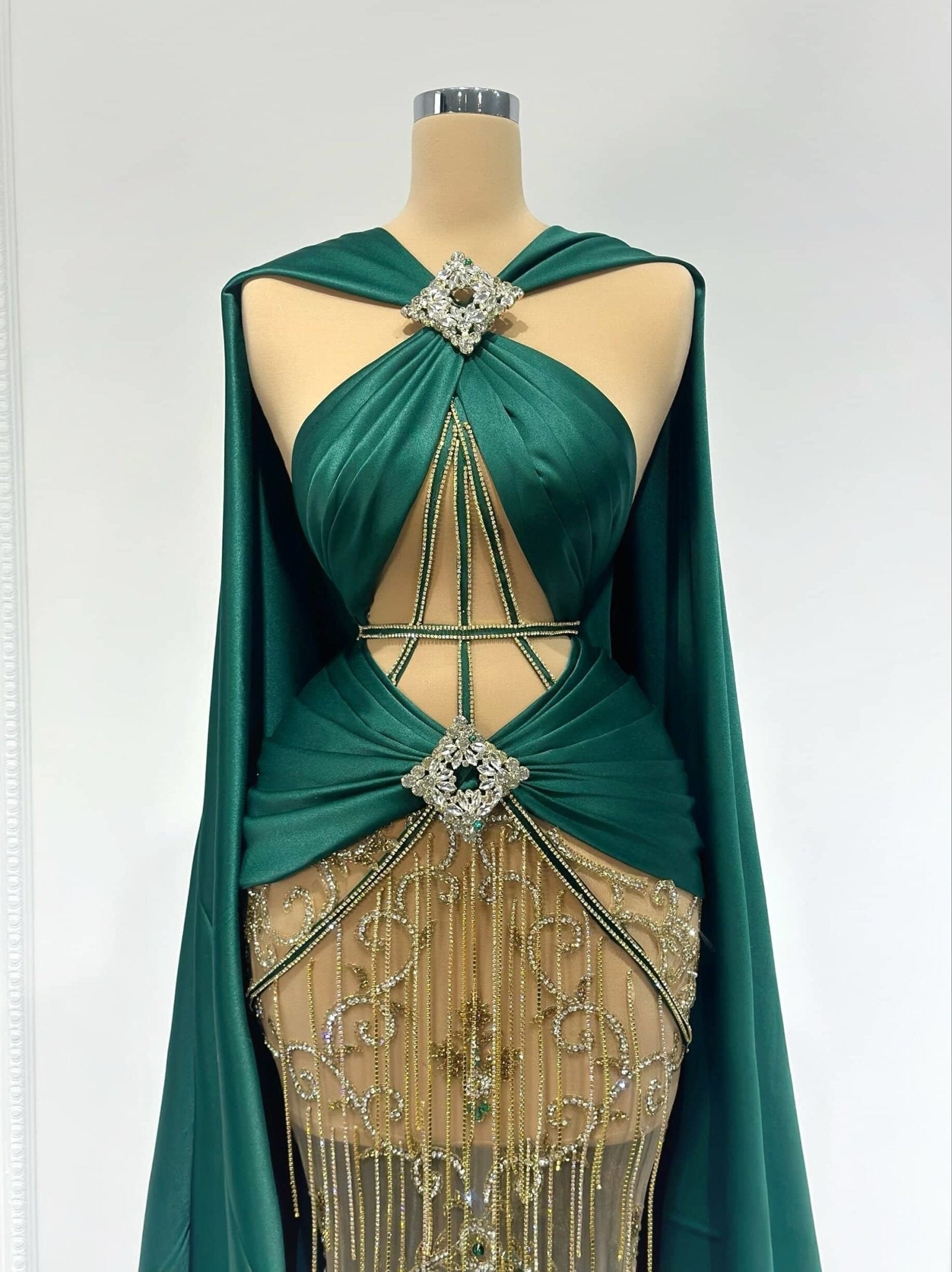 Claudette Asymmetrical Neckline Dress with Majestic Cape - Blini Fashion House