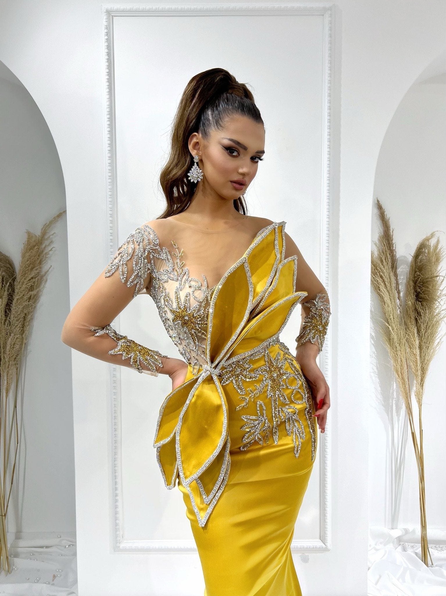 Colista Glimmering Stone and Leaf-Detailed Long Sleeve Dress - Blini Fashion House