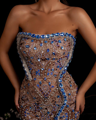 Detailed Blue and Silver Stone Decorations on Luxury Lace Gown