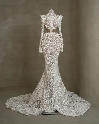 Pearl-Embellished White Wedding Gown - High-Neck Style
