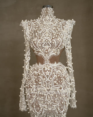 Elegant High-Neck Pearl-Embellished Bridal Dress