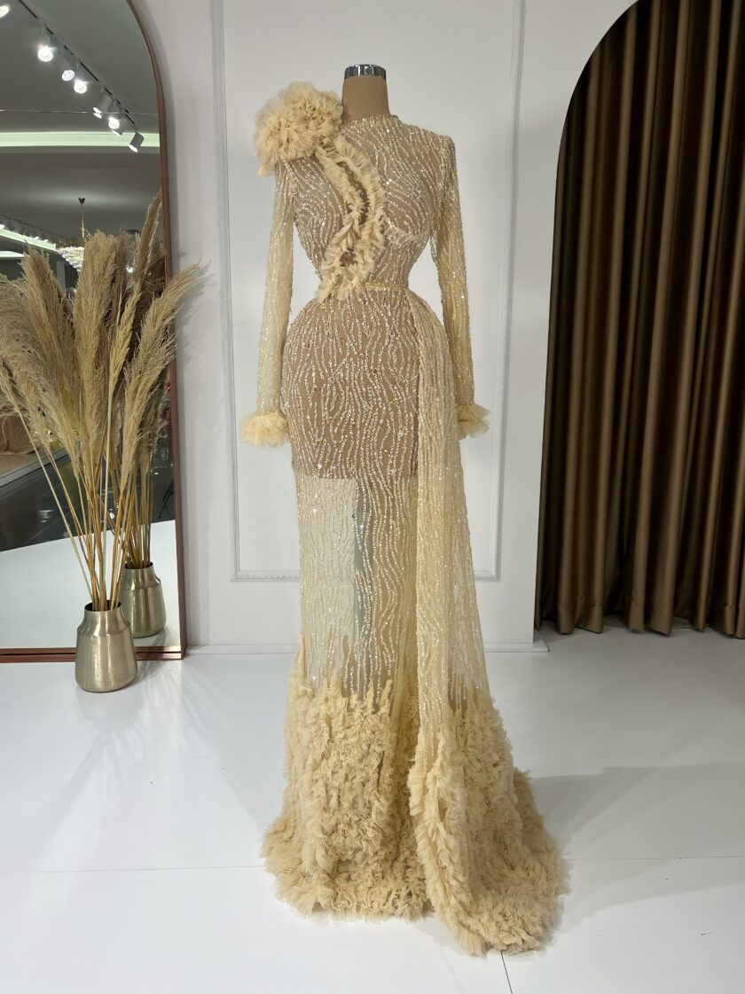 Créme Long Dress with Luxurious Sequins - Blini Fashion House