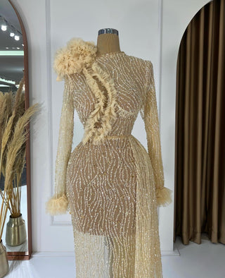 Créme Long Dress with Luxurious Sequins - Blini Fashion House