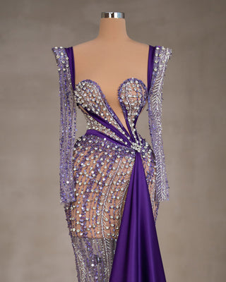 Purple Dress with Stones and Side Cape - Opulent Fashion Ensemble