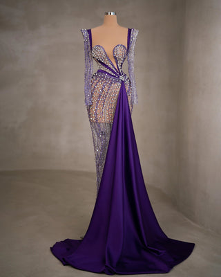 Luxurious Purple Dress - Elegance Defined with Stones and Side Cape
