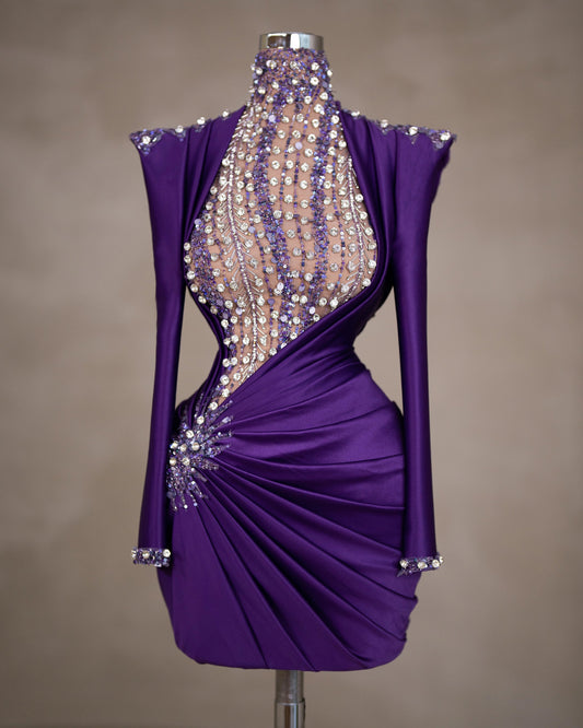 High Neck Short Purple Dress with Elegant Stone Embellishments