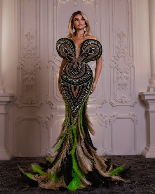 Sleeveless Dress with Stones and Feathers