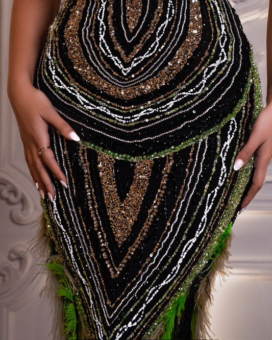 Close up of lace with shimmer and stones