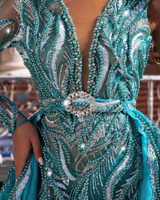 Close-up of Intricate Beadwork on Lace Bodice