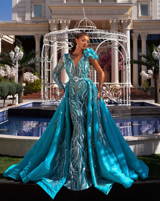 One-Shoulder Lace Dress Adorned with Blue Beads