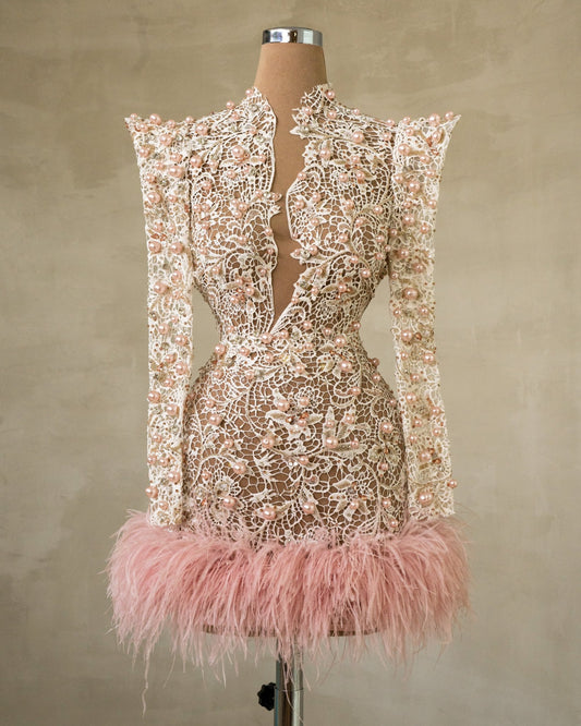 Elegant Short Pink Dress with Feathers and Beads