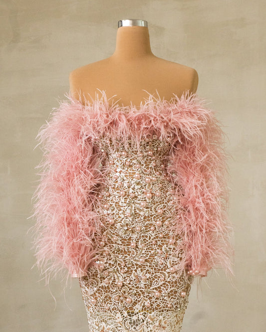 Off Shoulder Lace Dress with Pink Feathers