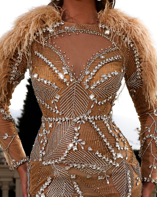 Intricate Stone Embellishments on Beige Dress