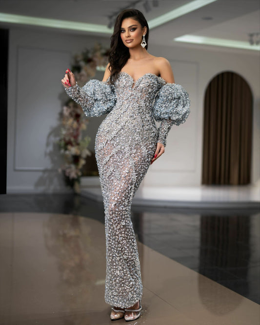 Off Shoulder Lace Dress with Sequins and Crystals