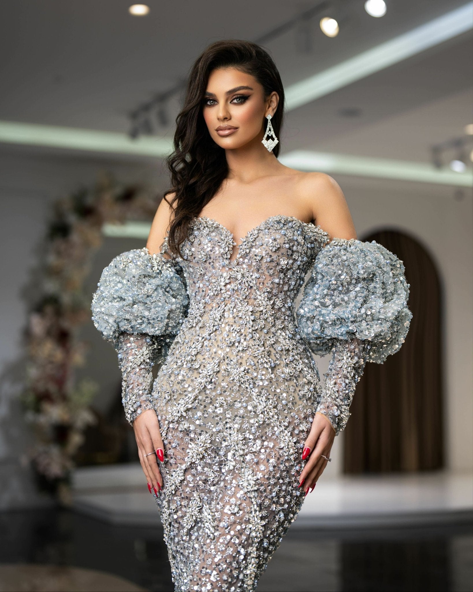 Grey-Blue Luxury Lace Off Shoulder Dress