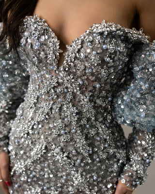 Intricate Lace Bodice - Grey-Blue Off Shoulder Dress Embellished with Sequins