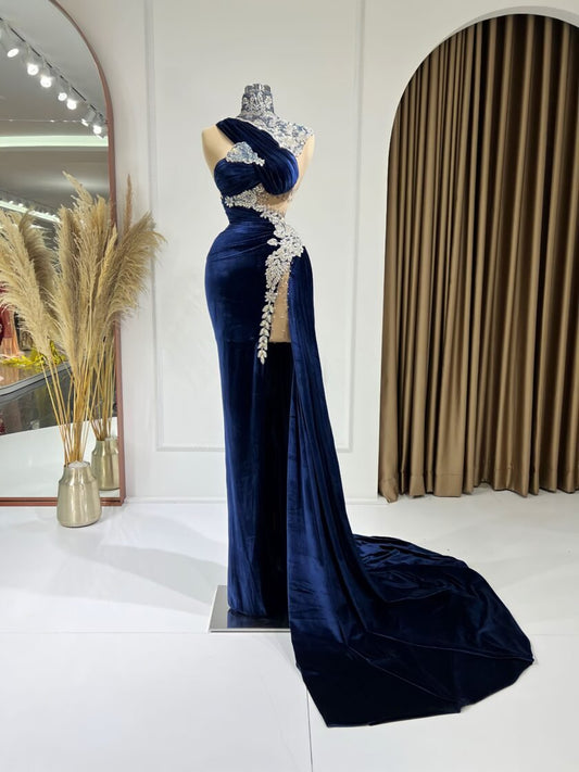 Dilara Sparkling High Neck Dress with Sensuous Deep Slit - Blini Fashion House