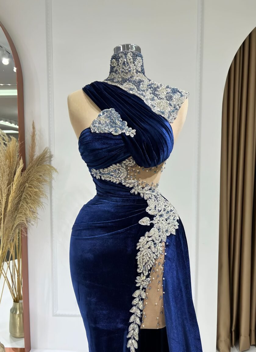 Dilara Sparkling High Neck Dress with Sensuous Deep Slit - Blini Fashion House