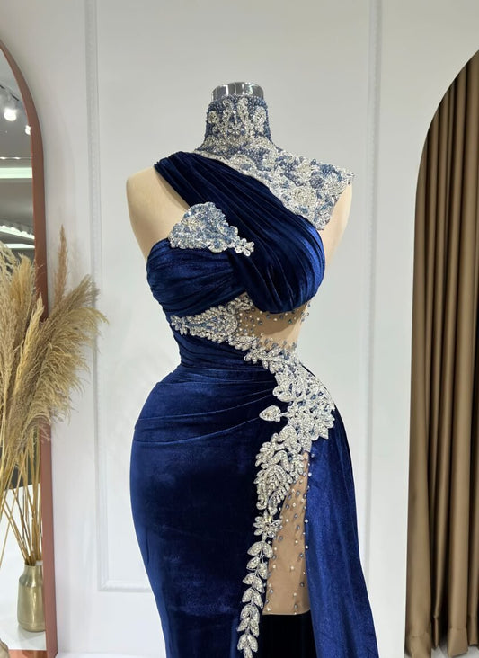 Dilara Sparkling High Neck Dress with Sensuous Deep Slit - Blini Fashion House