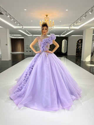 Divya High-Neck Layered Tulle Ballgown with Sparkling Stones - Blini Fashion House