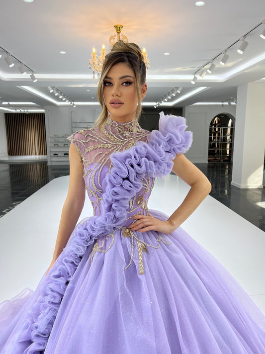 Divya High-Neck Layered Tulle Ballgown with Sparkling Stones - Blini Fashion House