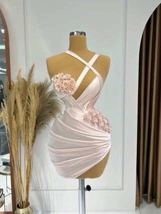 Dolly Asymmetrical Neckline Dress with Flowers - Blini Fashion House