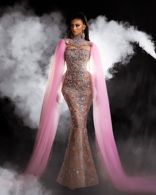 Luxury Lace Pink Evening Gown with Silver Stones - Stylish and Chic Attire