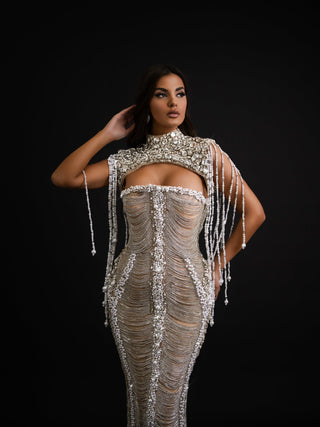 Dorottya Sleeveless Dress with Silver Tassel Embellishments - Blini Fashion House