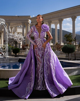 Purple Evening Gown with Beaded Overskirt