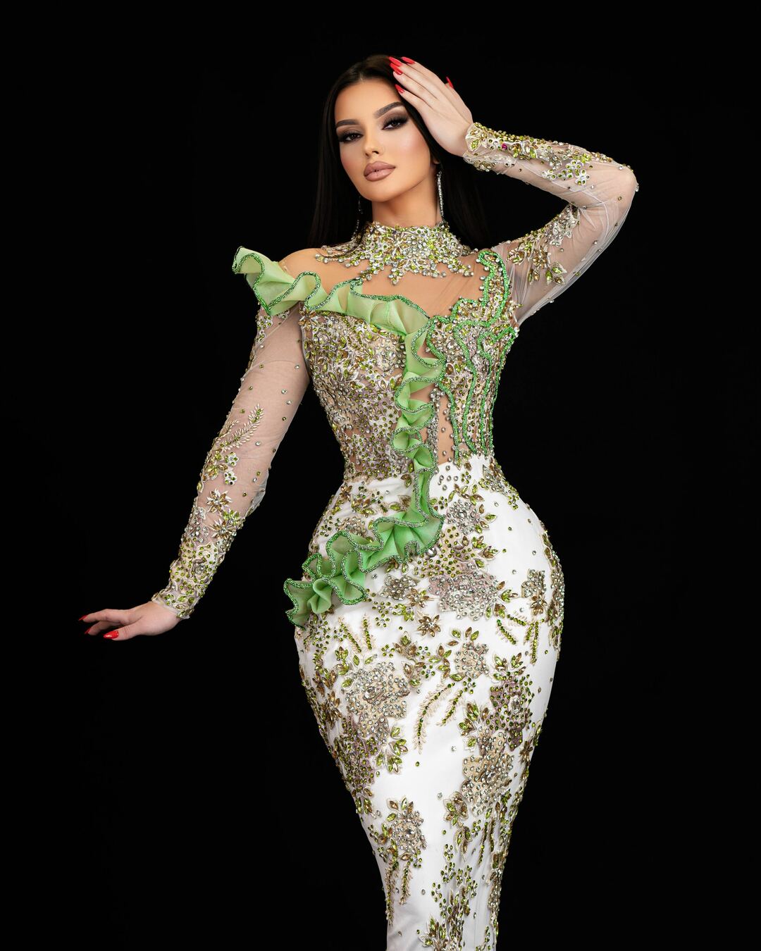 Elegant Long Sleeve High Neck Dress Adorned with Green Stones