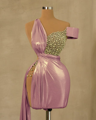 Chic Light Purple Short Dress with Side Tail and Pearl Embellishments - Shop Now