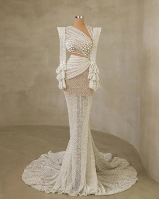 Sophisticated Bridal Dress with Strategic Cut-Outs and Pearl Details