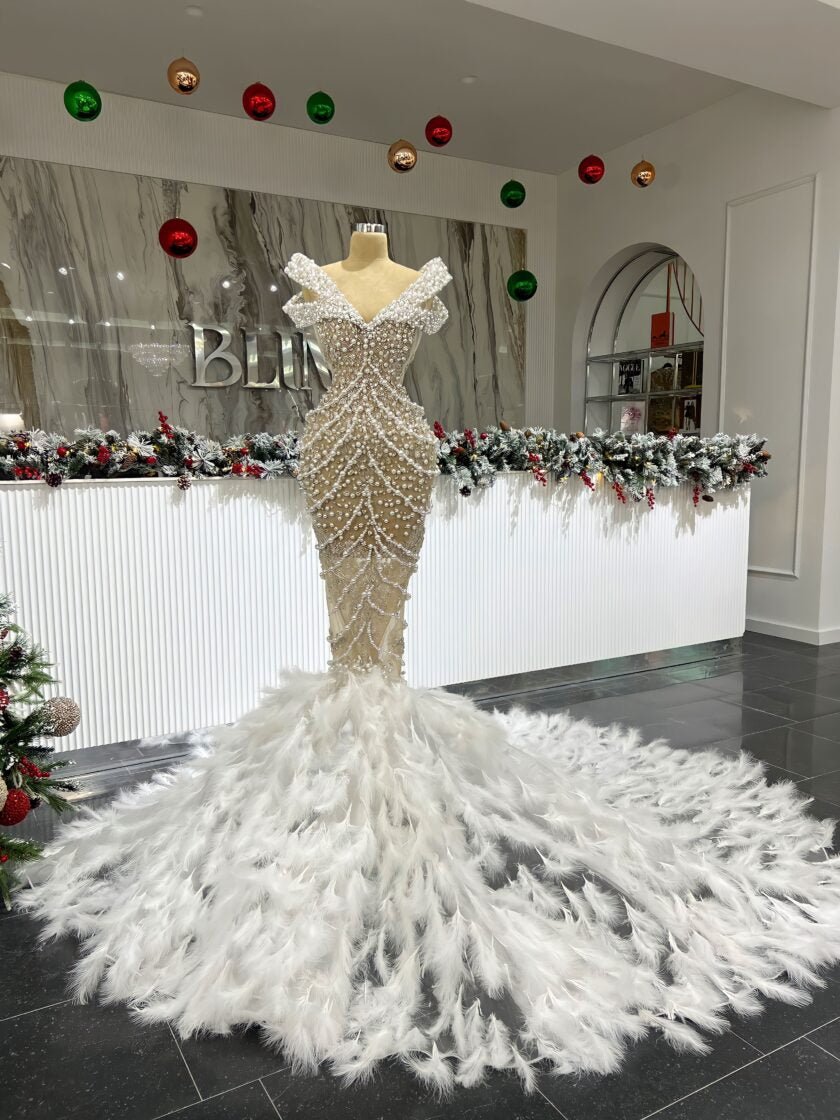 Eleanor Pearl Embellishments and a Feathered Tail Detail Bridal Dress - Blini Fashion House