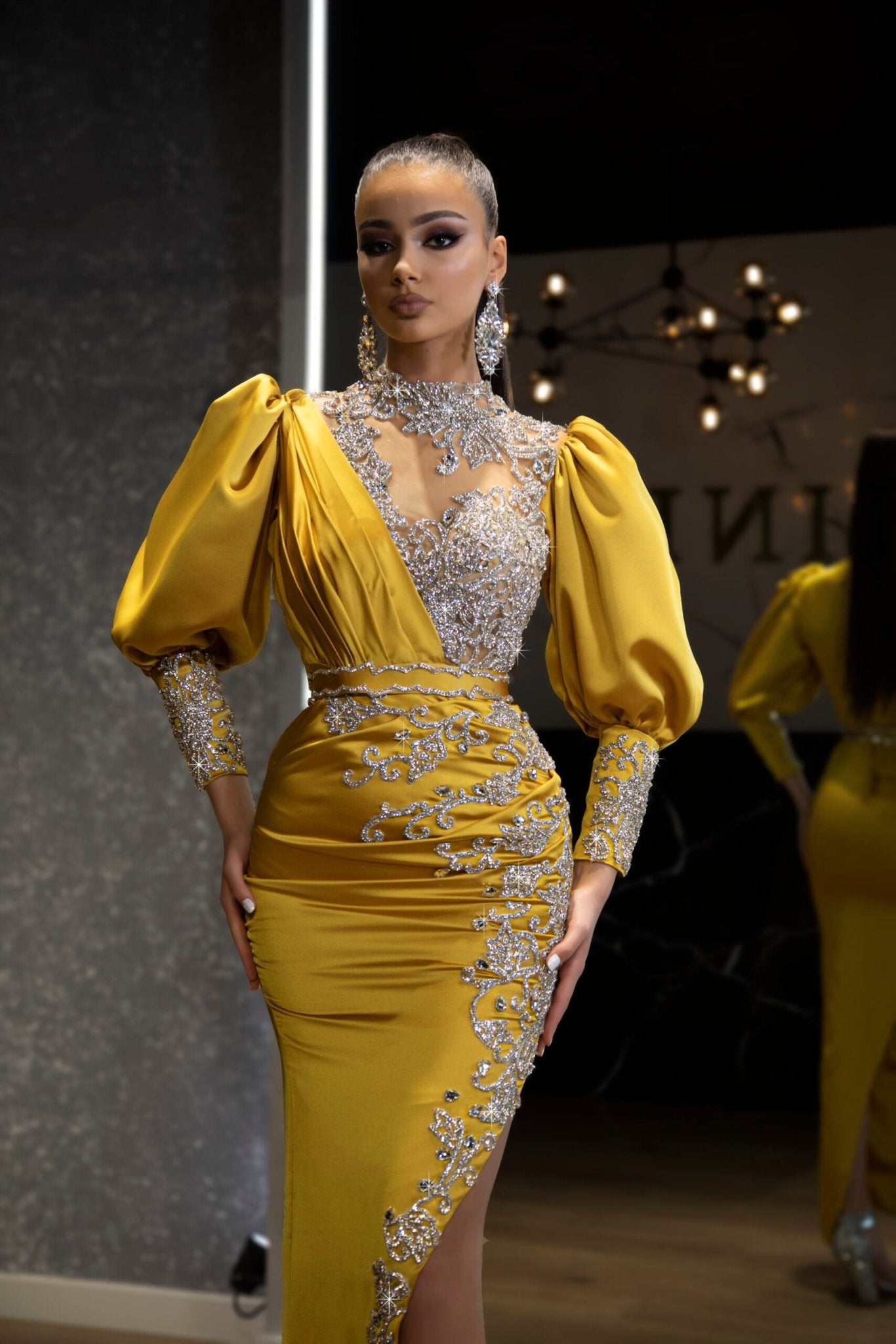 Yellow high neck store dress