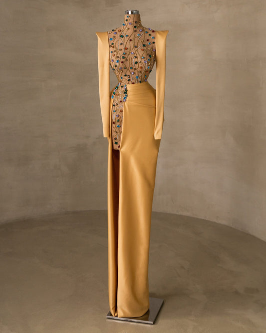Champagne Satin Gown with High Neck and Slit Skirt