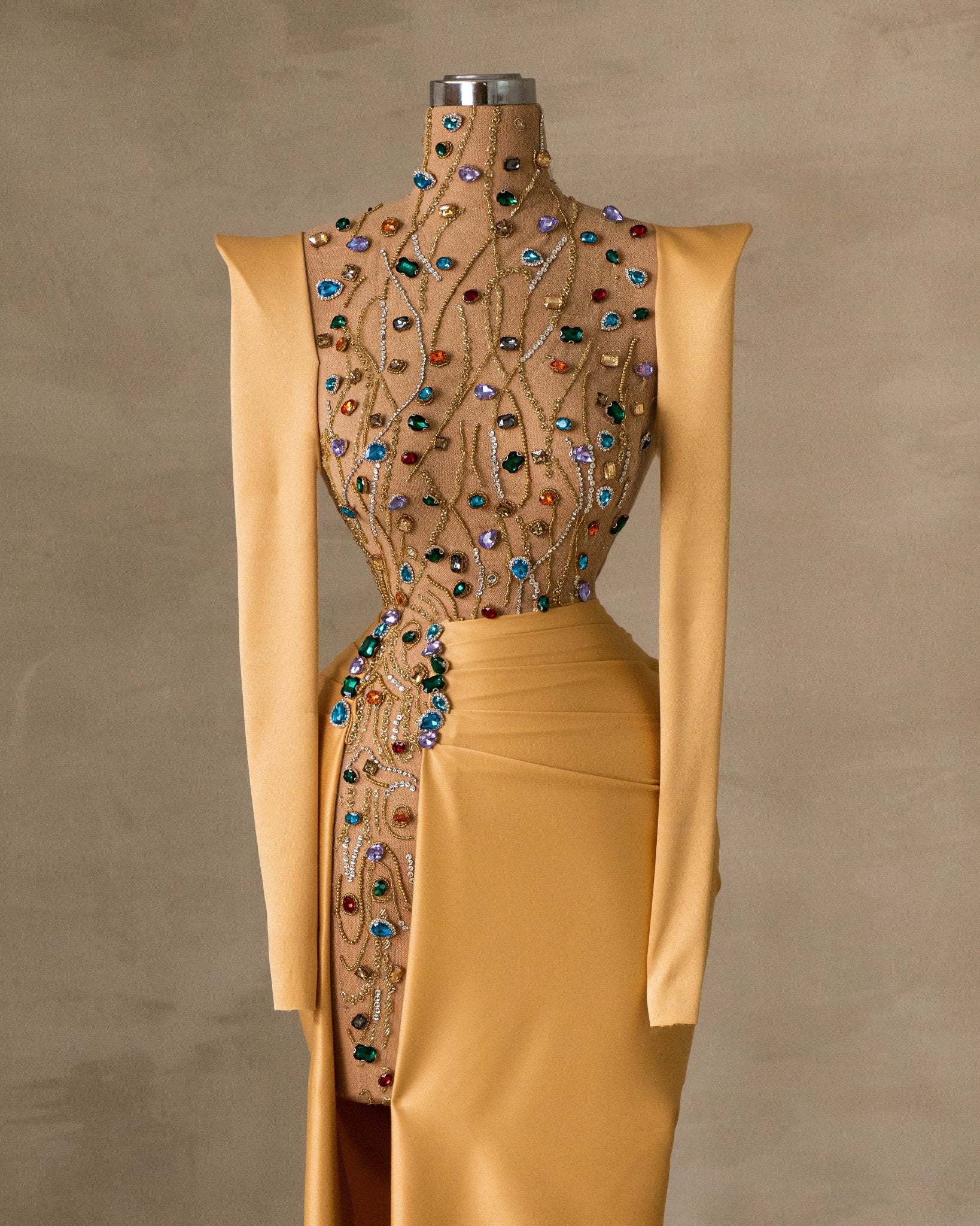 Elegant Satin Dress with Crystal-Embellished Bodice