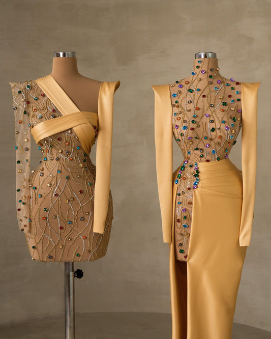 Elegant Satin Dresses Adorned with Shimmering Crystals