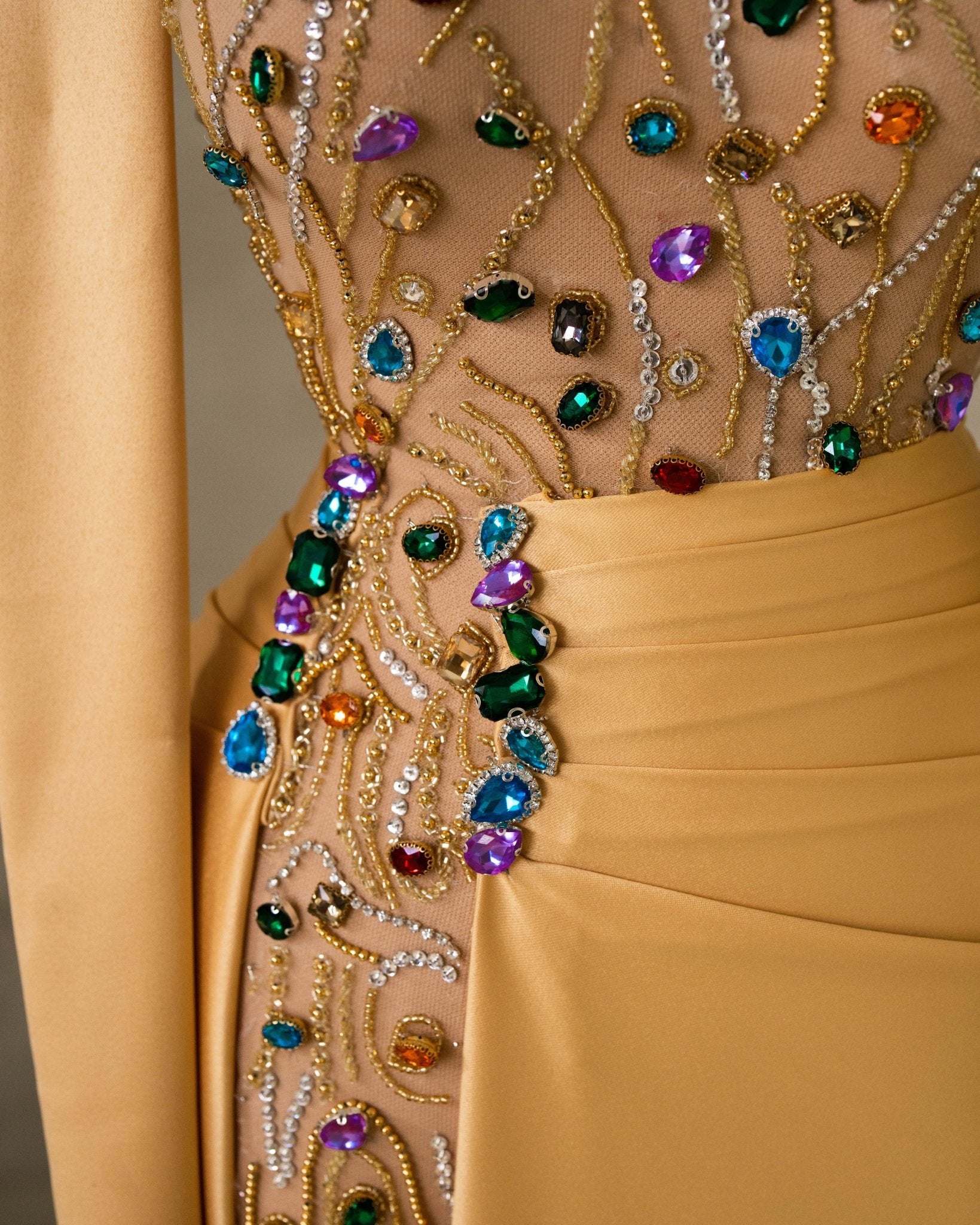 Close-up of Crystal-Embellished Lace Bodice on Satin Dress